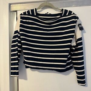 Zara Navy and White Striped Crew Neck Sweater